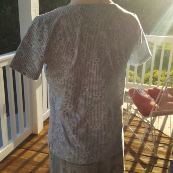 LIZ CLAIBORNE ♡ Sweet Vintage Blue|White Floral Box Pattern Short Sleeve Top SP - Picture 12 of 16